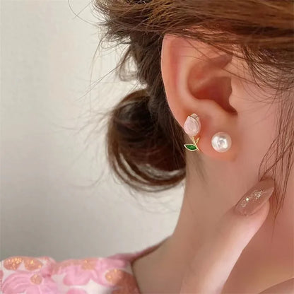 Women Luxury Tulip Flower Pearl Stud Earring