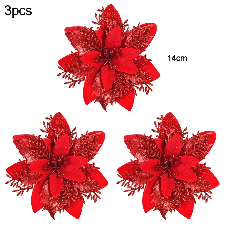 Glitter Christmas Flower Ornaments Set