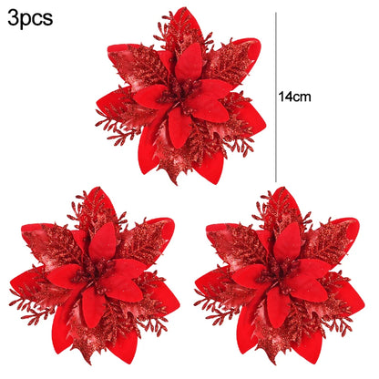 Glitter Christmas Flower Ornaments Set