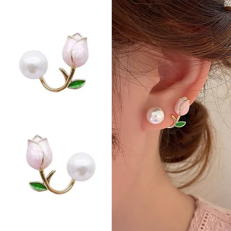 Women Luxury Tulip Flower Pearl Stud Earring