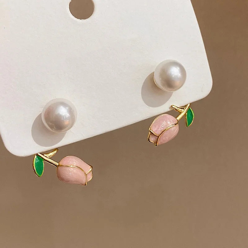 Women Luxury Tulip Flower Pearl Stud Earring