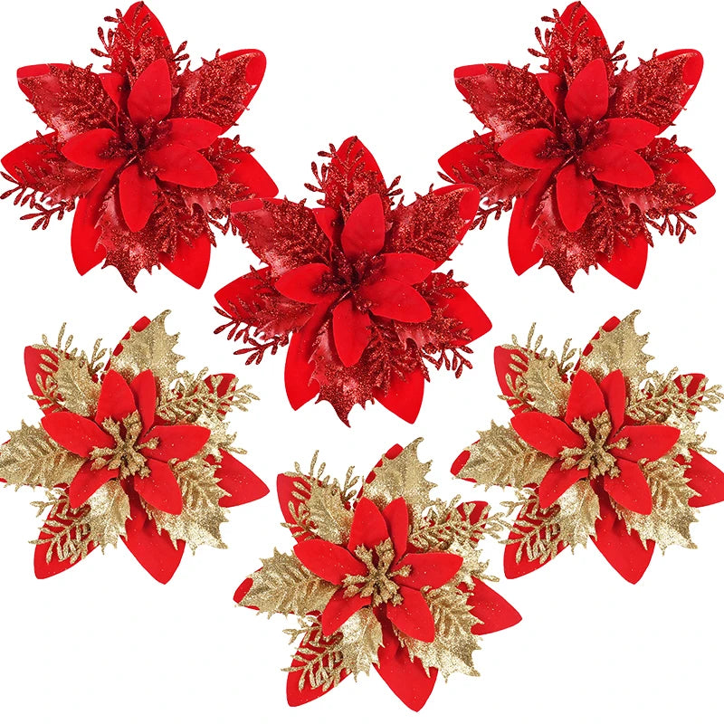 Glitter Christmas Flower Ornaments Set