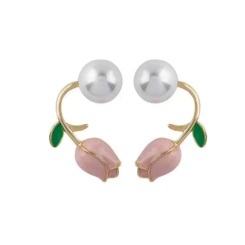 Women Luxury Tulip Flower Pearl Stud Earring