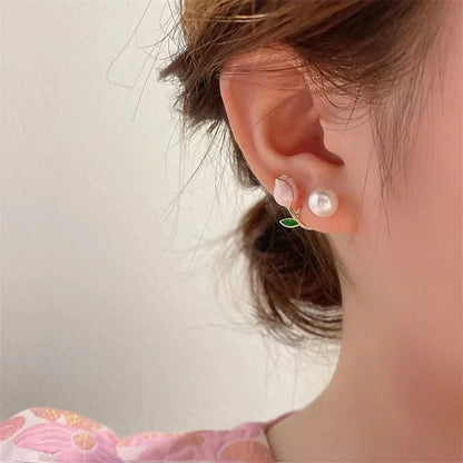 Women Luxury Tulip Flower Pearl Stud Earring